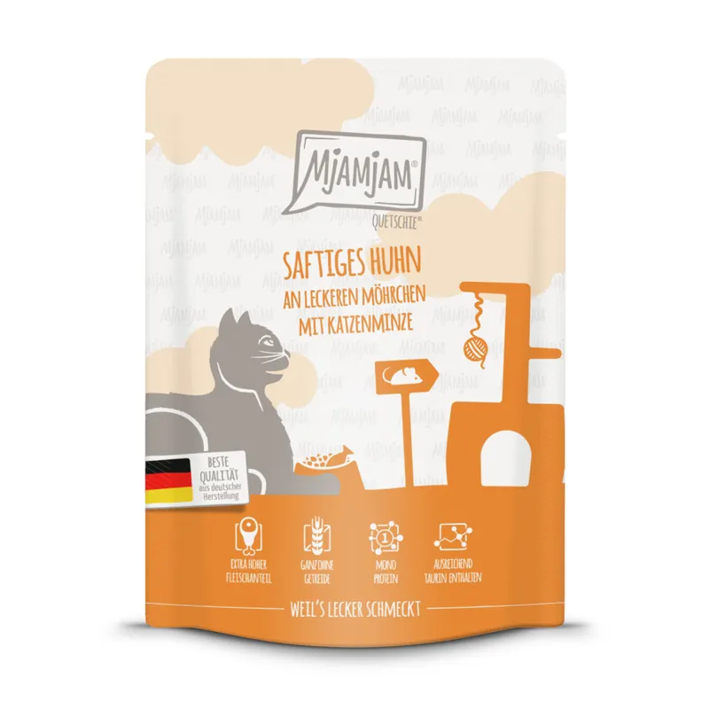 Sparpaket 6 x 300 g Mjamjam Quetschie Saftiges Huhn an leckeren Möhrchen mit Katzenminze Katzen Nassfutter Nur Für Kurze Zeit
